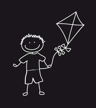 black with white boy with kite drawing. illustrationのイラスト素材