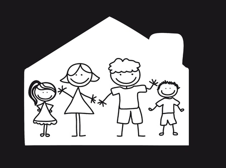 happy family over house, black and white. illustrationのイラスト素材