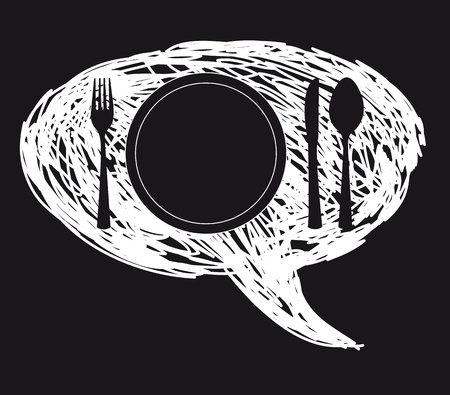 dish and cutlery over thought bubbles, black and white.のイラスト素材