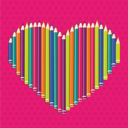 colored pencils forming a heart on pink dotsのイラスト素材