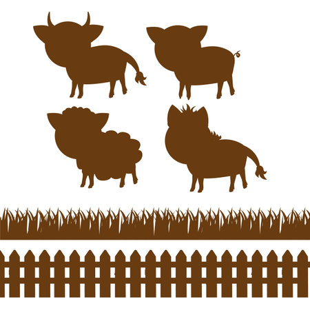 set of silhouettes of farm animals, wooden fence and grassのイラスト素材
