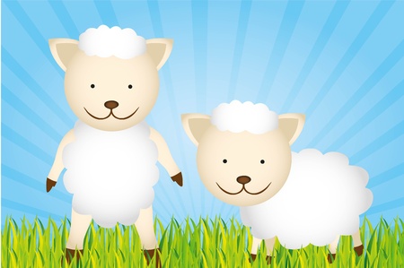 cute cartoon sheeps with grass and skyのイラスト素材