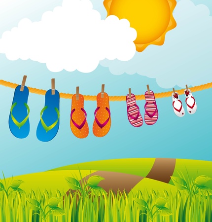 flip flops over beautiful landscape background. のイラスト素材