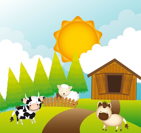farm with animals over landscape. のイラスト素材