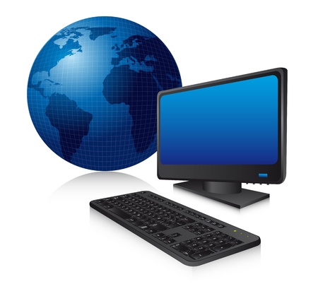blue computer with keyboard and planet with shadow. のイラスト素材