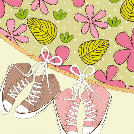 cute sneakers over flowers and leaves. のイラスト素材