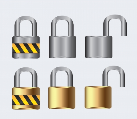 silver and gold lock open and closed on a white background, vector illustrationのイラスト素材