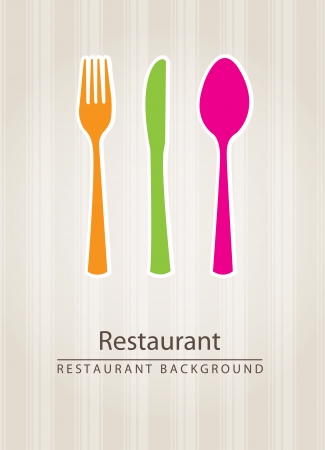fork, knife and spoon of different colors on beige background, vector illustrationのイラスト素材