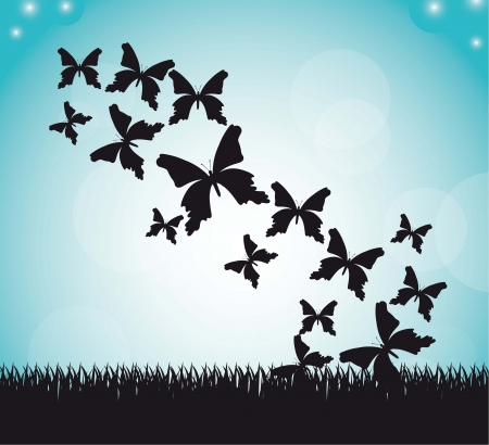 silhouette butterflies with grass over sky background. vectorのイラスト素材