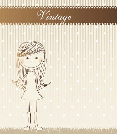cute girl over grass, vintage. vector illustrationのイラスト素材