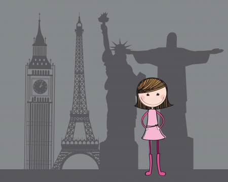 cute girl with silhouette global sculptures. vector illustrationのイラスト素材