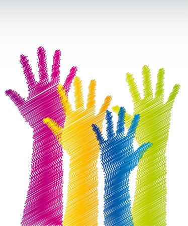 colorful scrawled hands over white background. vector illustrationのイラスト素材