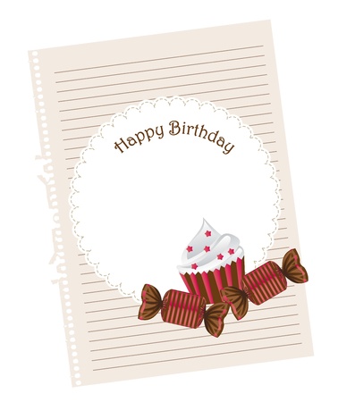 birthday card over paper notebook with cake and candyのイラスト素材