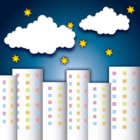 cute buildings with clouds and stars over night backgroud. vectorのイラスト素材