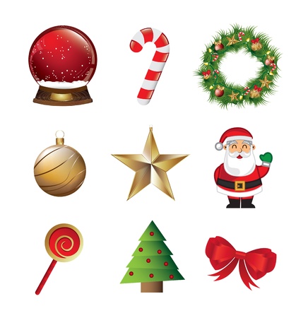 Christmas symbols like Santa Claus, star, tree, candy, snowball over white backgroundのイラスト素材