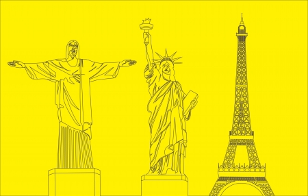 statue of liberty,christ the Redeemer and eiffel tower over yellow background. vectorのイラスト素材