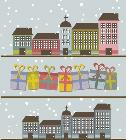 cute buildings with gifts and snow background. vector illustrationのイラスト素材