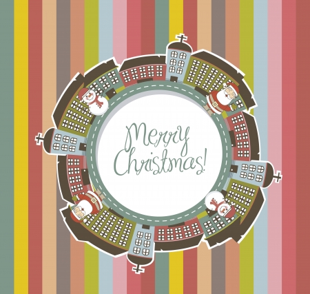 christmas card with cute buildings with santa and snowman. vectorのイラスト素材