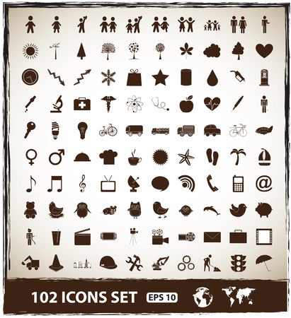 102 icons set of world, fruits, objects and communications over vintage backgroundのイラスト素材