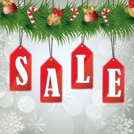 Christmas sales background with a wreath hanging labelsのイラスト素材