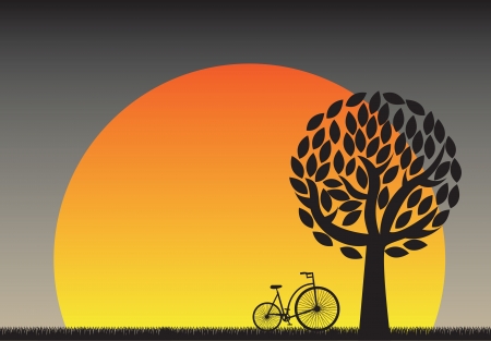 beautiful sunset in the field with a bicycleのイラスト素材