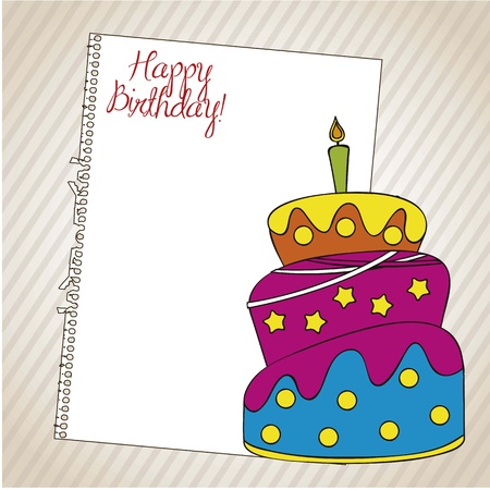 Birthday card with a cake and paper over white backgroundのイラスト素材