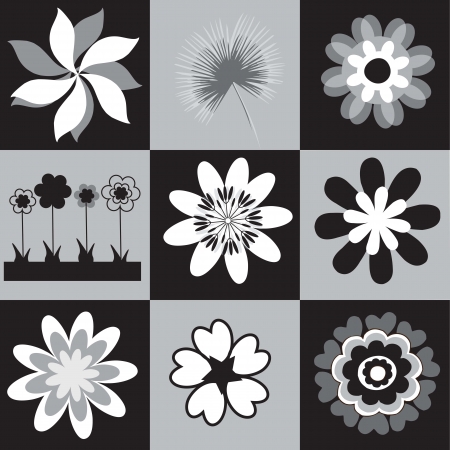 collection of black and white silhouettes flowers vector illustrationのイラスト素材