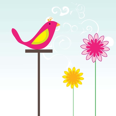 Pink bird with flowers in spring, vector illustration.のイラスト素材