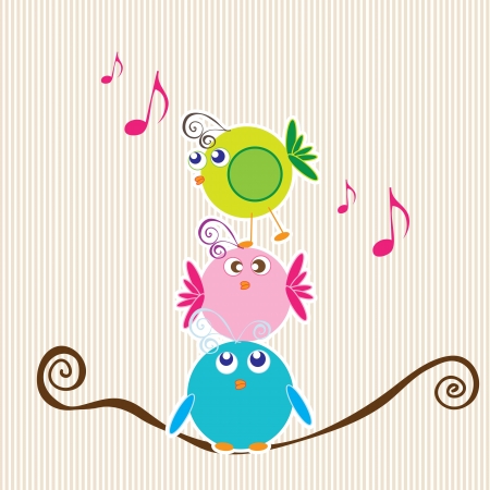 Three little birds talking with stripe background.のイラスト素材