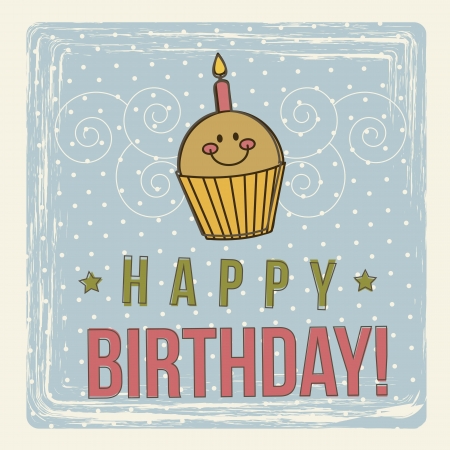 birthday card wit cute cup cake, vintage. vector illustrationのイラスト素材