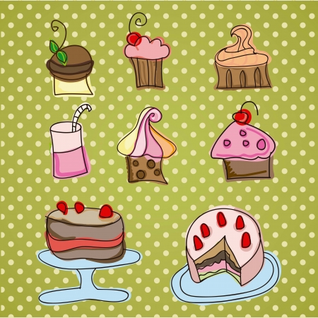 illustration of isolated set of cupcake on vintange  backgroundのイラスト素材