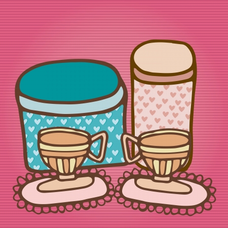 Tea cups with cookie jars on pink striped background,  vector illustrationのイラスト素材