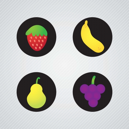 Black Buttons with fruits collection, banana, grapes, pear, strawberry on grey backgroundのイラスト素材