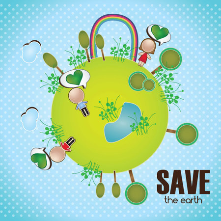Planet with peolple rainbow and trees. Save the earth illustrationのイラスト素材