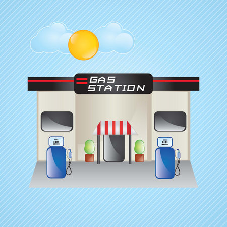 Building Icons,gas station, with windows and bushes on blue backgroundのイラスト素材