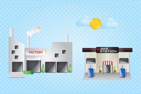 Factory and gas station, with clouds and sunのイラスト素材