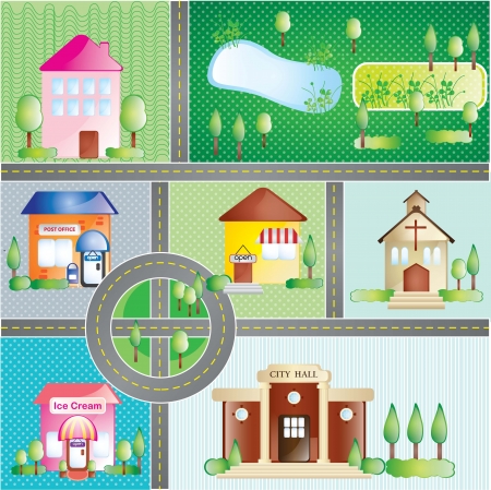 Buildings and city places, concept. On different colors backgroundのイラスト素材