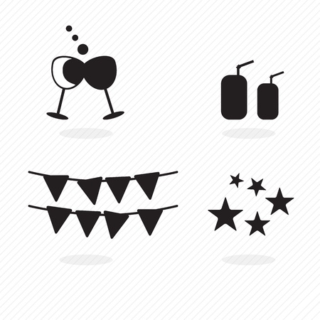 birthday icons silhouettes, stars, drinks and other shapes. vector illustrationのイラスト素材