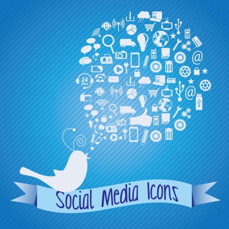 Social Media concept with bird and ribbon (Icon set), on blue  background.のイラスト素材