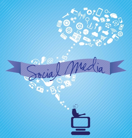 White Social Media icons set with ribbon, laptop and bird, on blue  background.のイラスト素材