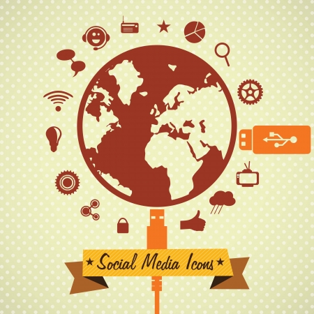 Retro colors Social Media concept with planet, and usb plugs, on vintage  background.のイラスト素材
