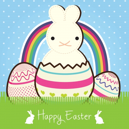 Happy Easter (Cute bunny) on blue background with rainbow. Vector Illustrationのイラスト素材
