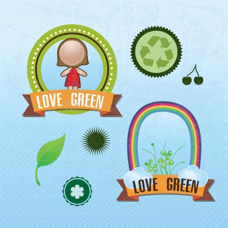 Love green colorful, eco-labels. On blue backgroundのイラスト素材