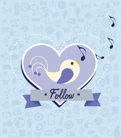 Follow me and follow Us, label with little bird singing. Vector illustrationのイラスト素材