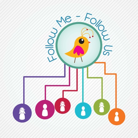 Follow me and follow us, Icon with little colorful bird. Vector illustrationのイラスト素材