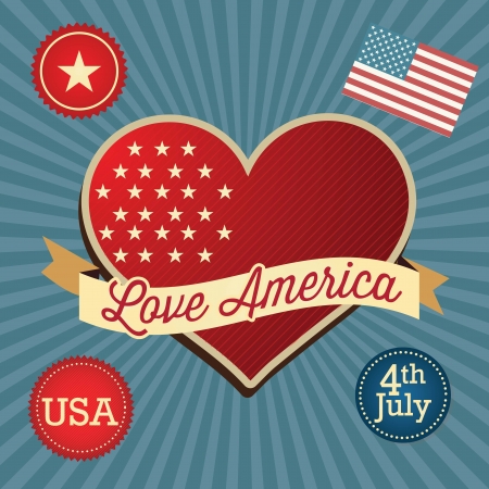 Love America (big heart and Usa flag). Vintage backgroundのイラスト素材