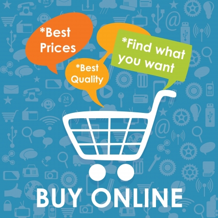 Buy Online poster with text bubbles. On dark blue backgroundのイラスト素材