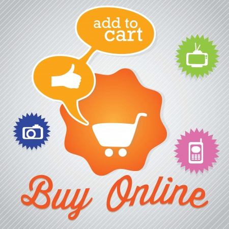 Buy Online text bubble with cart for shopping. Vector Illustrationのイラスト素材