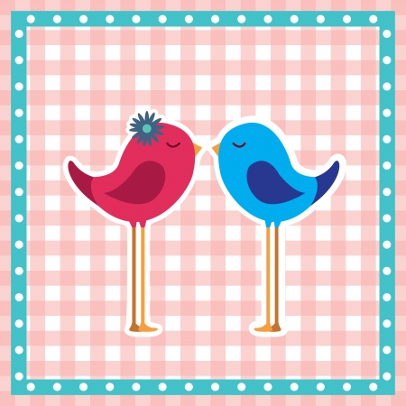 blue and pink  birds kissing at sign of love over squares backgroundのイラスト素材