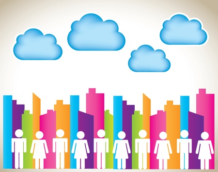 woman and man over colors building over landscape backgroundのイラスト素材